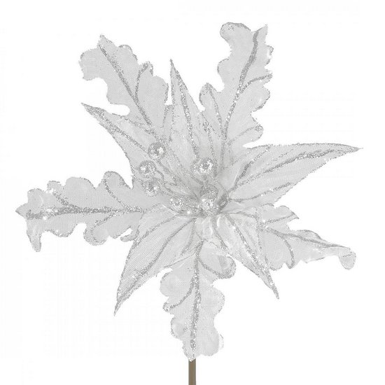 Biała gwiazda betlejemska ze srebrnym akcentem kwiat na choinkę 29 cm Eurofirany - 29 cm - biały