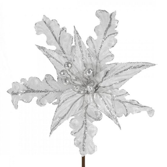 Srebrna gwiazda betlejemska ze srebrnym akcentem kwiat na choinkę 29 cm Eurofirany - 29 cm - srebrny