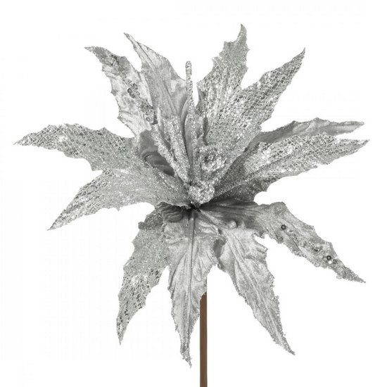Srebrny kwiat dekoracyjny na choinkę z połyskiem 32 cm Eurofirany - 32 cm - srebrny