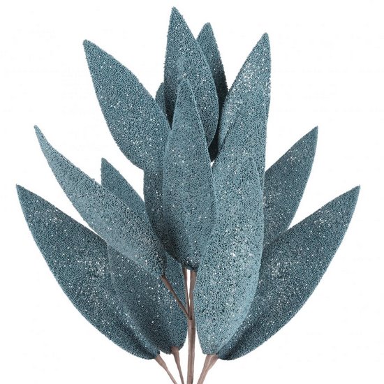 Sztuczny liść, ozdobna gałązka  wykonana z kuleczek styropianu i dodadtkiem lśniącego brokatu Eurofirany - 85 cm - niebieski