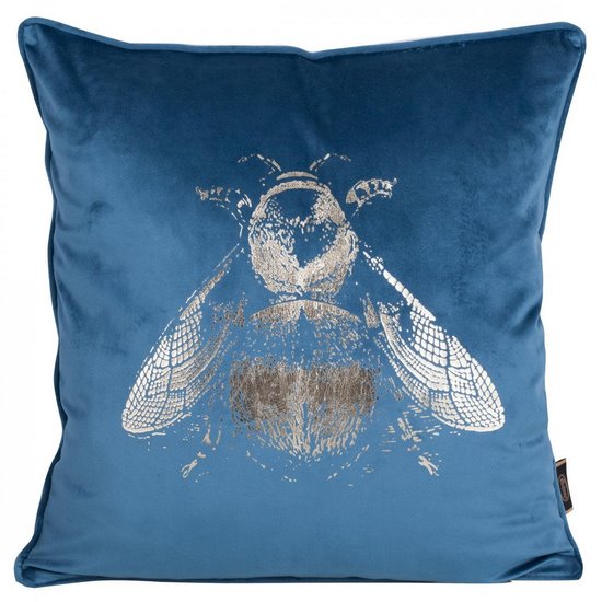 Poszewka dekoracyjna dwustronna BLINK 41 z welwetu i tkaniny imitującej len z motywem pszczoły Eurofirany - 45 x 45 cm - niebieski