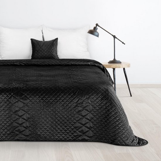 Luiz 3 czarna narzuta z welwetu z geometrycznym pikowaniem na łóżko do sypialni 170x210 cm Design91 - 170 x 210 cm