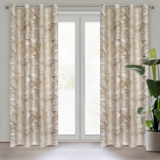 Samira biała zasłona zaciemniająca z beżowym wzorem liści na przelotkach 140x250 cm Eurofirany Samira biała zasłona zaciemniająca z beżowym wzorem liści na przelotkach 140x250 cm Eurofirany - 140 x 250 cm