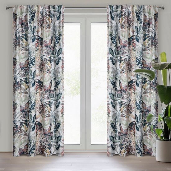 Lilia biała zasłona w stalowo szare liście na taśmie 135x270 cm Eurofirany Lilia biała zasłona w stalowo szare liście na taśmie 135x270 cm Eurofirany - 140 x 270 cm
