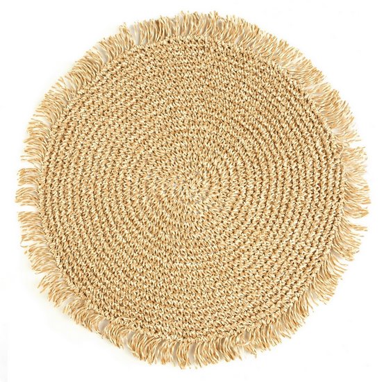 Boho 2 beżowa biodegradowalna podkładka stołowa z frędzelkamii 38 cm Eurofirany Boho 2 beżowa biodegradowalna podkładka stołowa z frędzelkamii 38 cm Eurofirany - ∅ 38 cm