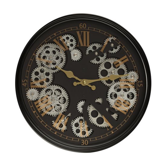 Okrągły zegar ścienny w metalowej ramie z ruchomymi kołami zębatymi Eurofirany - 35 x 7 x 35 cm - czarny