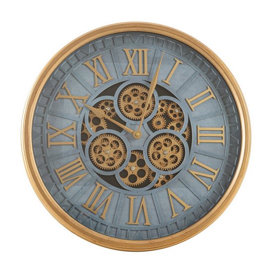 Okrągły zegar ścienny z rzymskimi cyframi i kołami zębatymi Eurofirany - 51 x 6 x 51 cm - niebieski