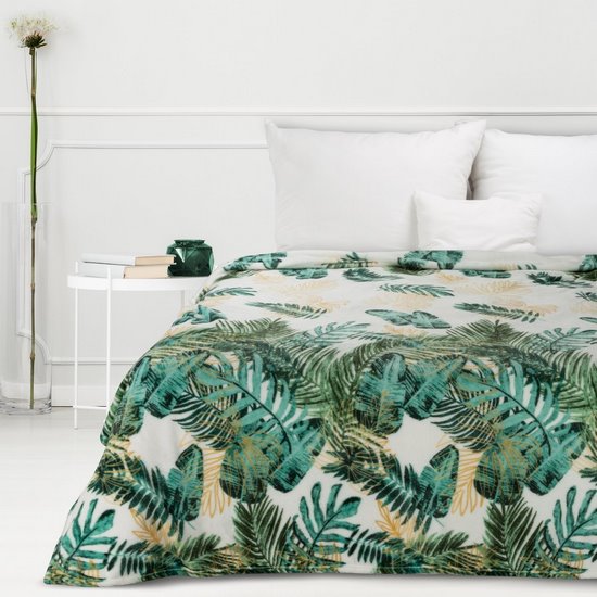Koc biały DAWOS z mikroflano z zielonymi egzotycznymi liśćmi 150x200 cm Design 91 Koc biały DAWOS z mikroflano z zielonymi egzotycznymi liśćmi 150x200 cm Design 91 - 150 x 200 cm
