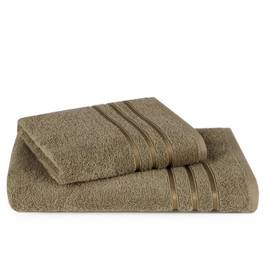 Komplet ręczników LOCA z bordiurą z tkanymi paskami przewiązanych efektowną wstążeczką - 37 x 25 x 10 cm - brązowy