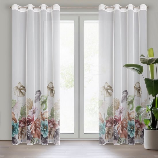 Dekoracja okienna NIKOLA z wzorem egzotycznych liści i kwiatów Eurofirany - 140 x 250 cm - biały