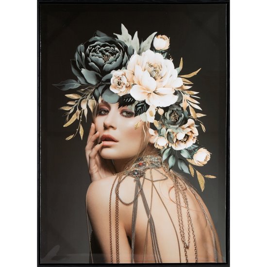 Obraz nadruk na płótnie portret kobiety z kwiatami na głowie Eurofirany - 60 x 80 cm - czarny