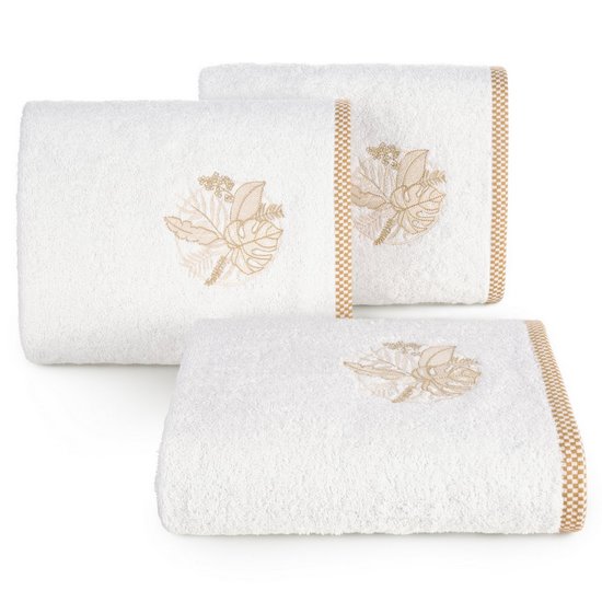 Ręcznik PALMS bawełniany z haftowana bordiurą  w egzotyczne liście Eurofirany - 50 x 90 cm - biały