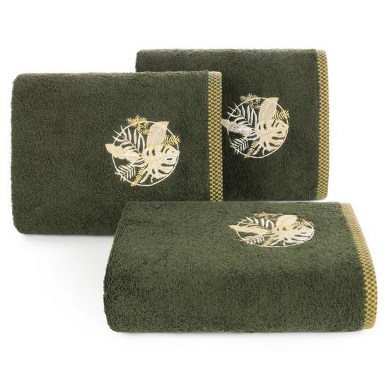 Ręcznik PALMS bawełniany z haftowana bordiurą  w egzotyczne liście Eurofirany - 50 x 90 cm - oliwkowy