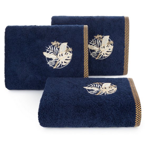 Ręcznik PALMS bawełniany z haftowana bordiurą  w egzotyczne liście Eurofirany - 50 x 90 cm - granatowy