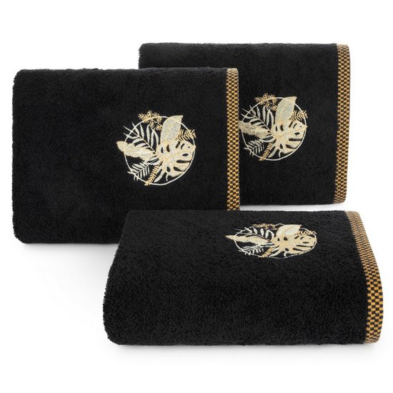 Ręcznik PALMS bawełniany z haftowana bordiurą  w egzotyczne liście Eurofirany - 50 x 90 cm - czarny