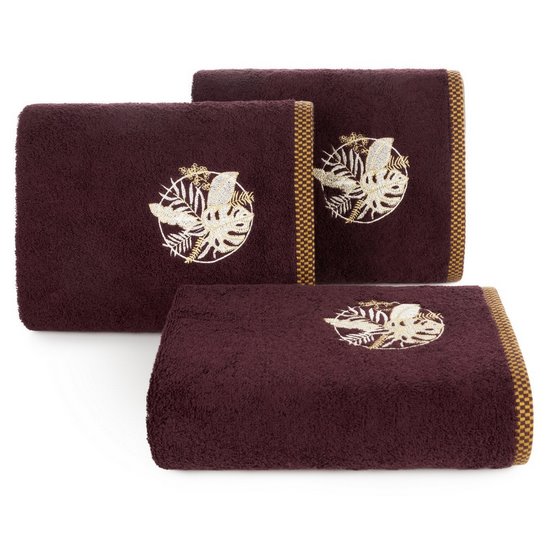 Ręcznik PALMS bawełniany z haftowana bordiurą  w egzotyczne liście Eurofirany - 70 x 140 cm - bordowy