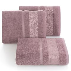 Ręcznik z bawełny z kwiatowym wzorem na bordiurze 70x140cm różowy - 70 X 140 cm - liliowy 1
