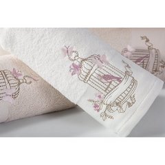 Ręcznik haftowany ptaszki w klatce kremowy 50x90cm - 50 X 90 cm - beżowy 5