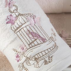 Ręcznik haftowany ptaszki w klatce kremowy 50x90cm - 50 X 90 cm - beżowy 2