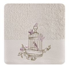 Ręcznik haftowany ptaszki w klatce beżowy 70x140cm - 70 X 140 cm - beżowy 1