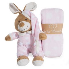 Koc +miś w piżamce różowy zestaw niemowlaka HIT 90x75 cm - 90 X 75 cm - różowy 1