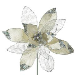 Srebrny kwiat dekoracyjny gwiazda betlejemska z welwetu i siateczki 26 cm Eurofirany - ∅ 26 cm - srebrny 1