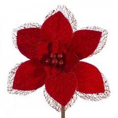 Czerwony kwiat na choinkę z welwetu zdobiony siateczką 16 cm Eurofirany - 16 cm - czerwony 1