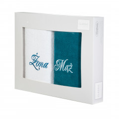 Komplet ręczników kąpielowych MĄŻ ŻONA biały i ciemny turkusowy w opakowaniu na prezent 2x 50x90 cm EUROFIRANY - 47 x 37 x 7 cm - biały 2