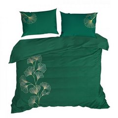 Komplet pościeli HAFT 2 zielony haftowany w złote liście miłorzębu z satyny bawełnianej Eurofirany Premium - 220 x 200 cm - zielony 2