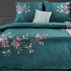 Komplet pościeli HAFT 5 turkusowy haftowana w różowe kwiaty z satyny bawełnianej Eurofirany Premium - 160 x 200 cm - turkusowy 1