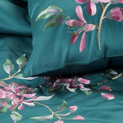 Komplet pościeli HAFT 5 turkusowy haftowana w różowe kwiaty z satyny bawełnianej Eurofirany Premium - 160 x 200 cm - turkusowy 6