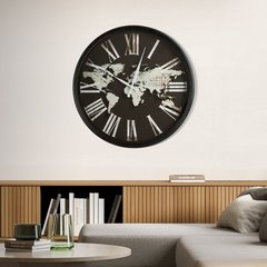 Okrągły zegar ścienny z mapą i rzymskimi cyframi Eurofirany - 60 x 6 x 60 cm - czarny 4