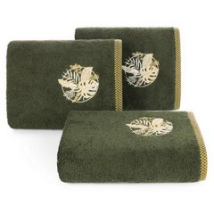 Ręcznik PALMS bawełniany z haftowana bordiurą  w egzotyczne liście Eurofirany - 50 x 90 cm - oliwkowy 1