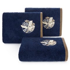 Ręcznik PALMS bawełniany z haftowana bordiurą  w egzotyczne liście Eurofirany - 50 x 90 cm - granatowy 1